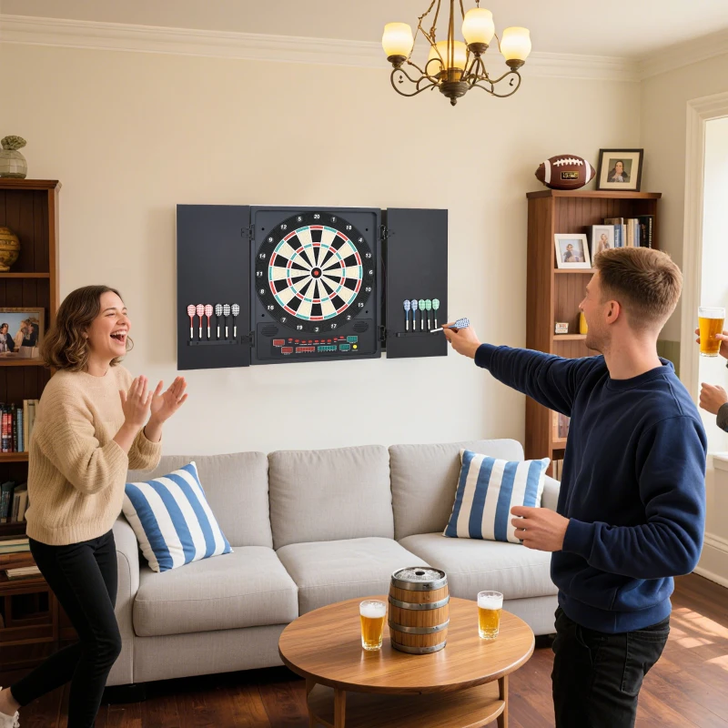 HOMCOM Elektronische Dart-set mit Tür Dartboard Dartscheibe mit automatischer Wertung Soundeffekte 12 Darts 27 Spiele und 202 Trefferoptionen für 8 Spieler 57 x 51 x 6,5 cm