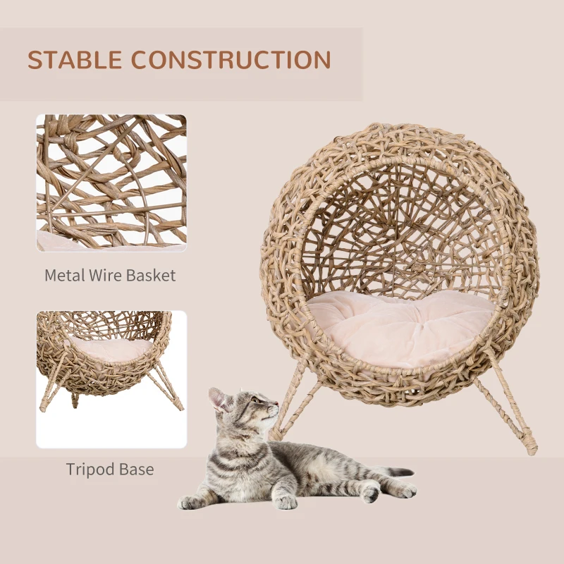 PawHut Rattan Elevated Cat Bed House Kitten Basket Ball-Shaped Pet Furniture w/ Removable Cushion - Natural