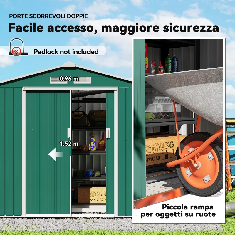 Outsunny Casetta da Giardino Porta Utensili in Lamiera con Porte Scorrevoli, 213x130x185cm, Verde