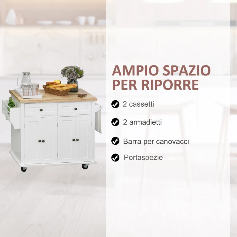 HOMCOM Carrello da Cucina con 2 Cassetti e 2 Armadietti, Isola da Cucina con Piano in Legno, Portaspezie e Porta Canovacci, Bianco