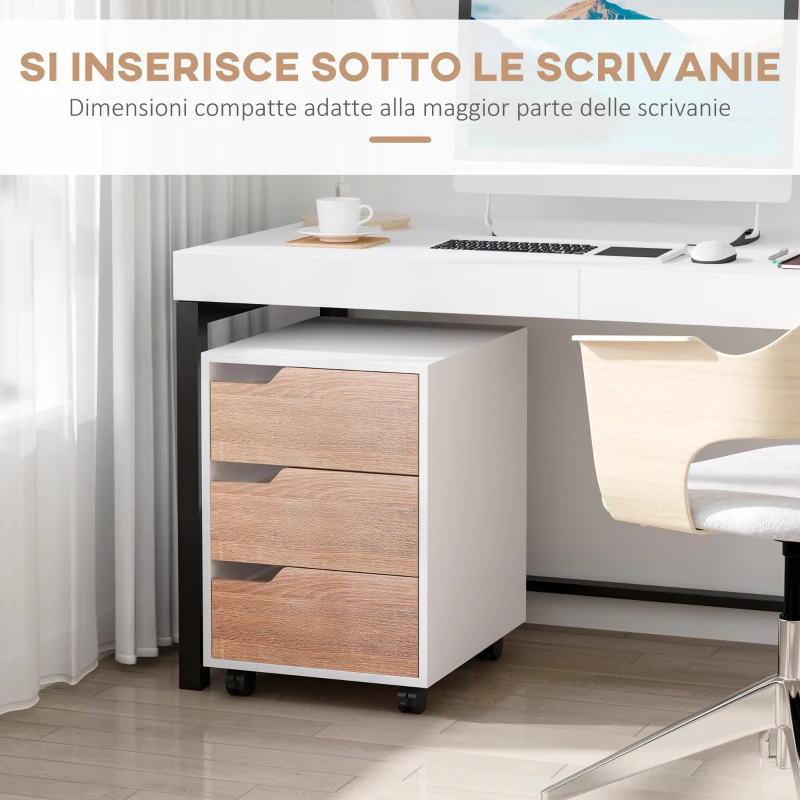HOMCOM Cassettiera in MDF con 3 Cassetti e Ruote per Ufficio o Studio Bianca e Legno, 40x50x57.5cm