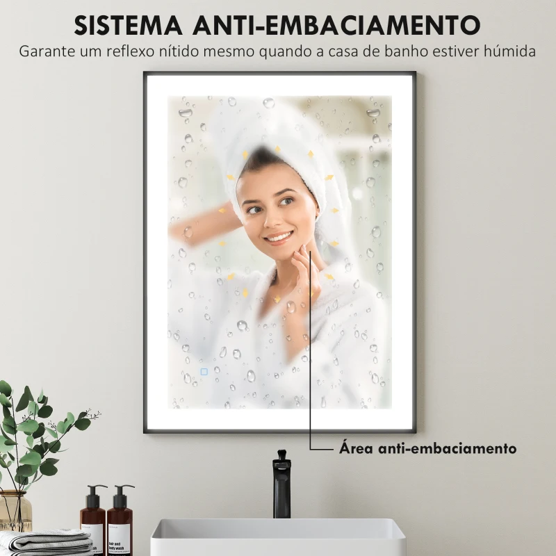 HOMCOM Espelho Casa de Banho com Luz LED 80x60 cm Iluminação Ajustável Função Anti-Embaciamento Função Memória Preto