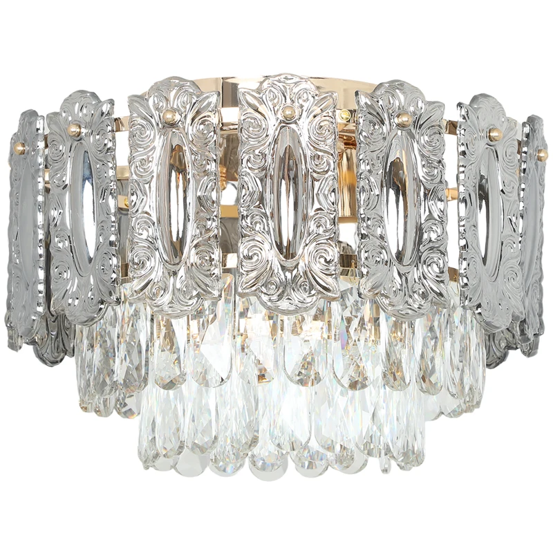 HOMCOM Chandelier Ceiling Light, 3-Light Vintage Flush Mount Fixture with Dual Crystal and Smoke Glass Shade, LED Ceiling Light for Living Room Bedroom, 3 E27 Sockets, Bulbs Not Included, Gold Tone