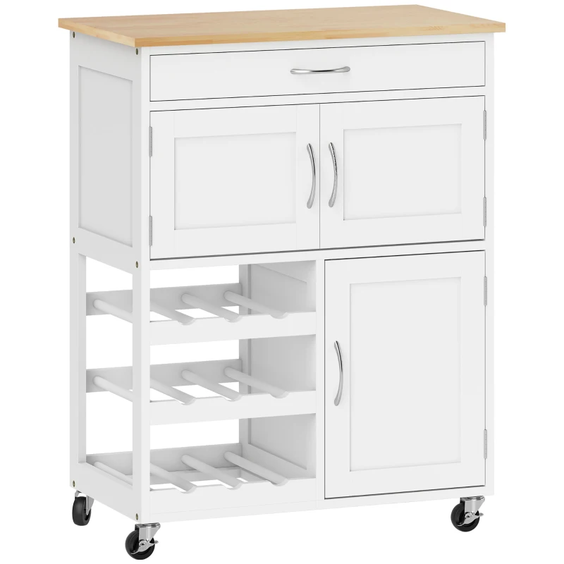 HOMCOM Carrello Cucina con Portabottiglie, 3 Ante, 4 Ruote e Cassetto, Mobiletto Cucina Salvaspazio per Microonde e Spezie in Legno, 67x37x87 cm, Bianco e Rovere