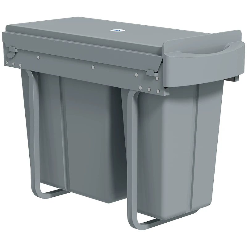 HOMCOM Ausziehbarer Mülleimer, Küchenmüllbehälter mit 2 herausnehmbaren Eimern, Griff, 30 Liter (20 L+10 L), Metall, Grau
