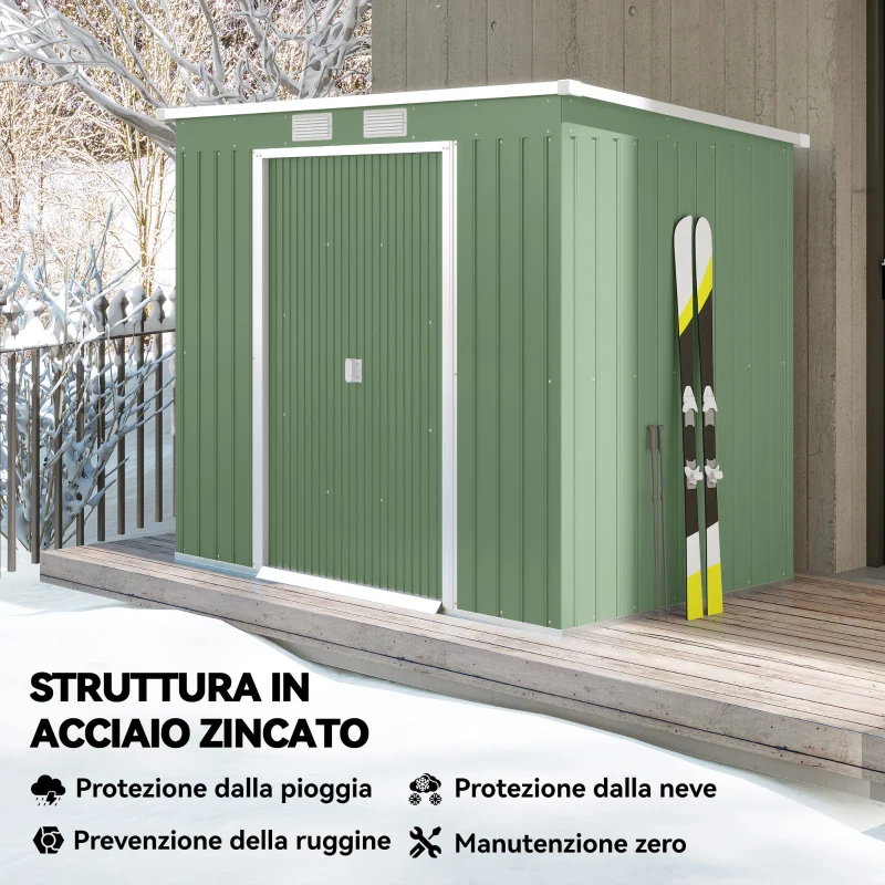 Outsunny Casetta da Giardino in Acciaio con Doppia Porta Scorrevole e Prese d'Aria, 213x130x173 cm, Verde