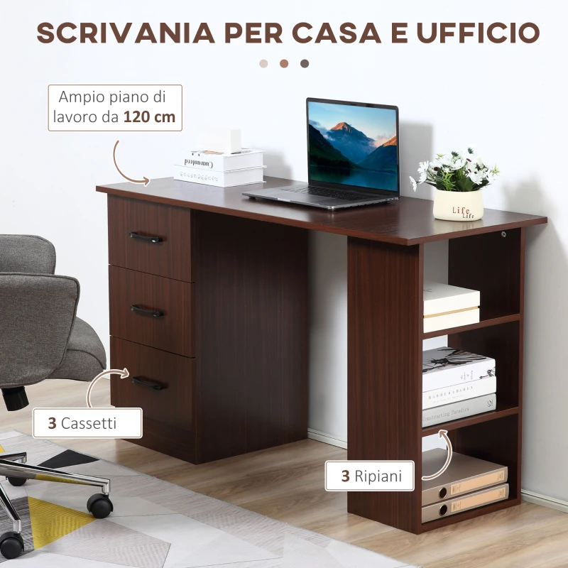 HOMCOM Scrivania per Ufficio con 3 Cassetti e 3 Ripiani Aperti in Legno, 120x49x72cm, Noce