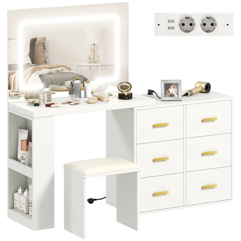 HOMCOM Coiffeuse avec miroir et tabouret, table de maquillage avec éclairage LED réglable, 6 tiroirs, 118 x 78 x 135 cm, blanc