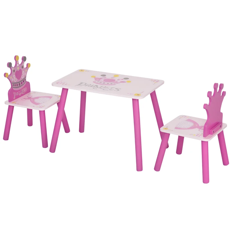 HOMCOM Set Tavolo e 2 Sedie a Tema Principesse per Cameretta Bambini in Legno Rosa con Schienale a Forma di Corona