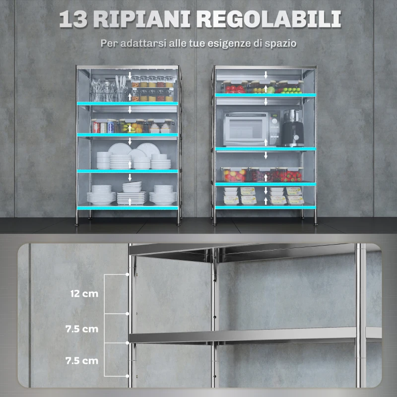 HOMCOM Scaffale da Cucina a 5 Livelli Regolabili su 13 Altezze Diverse, in Acciaio Inox, 91x40x139 cm, Argento