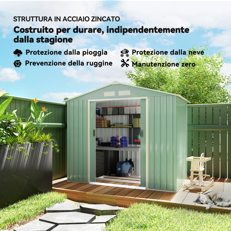Outsunny Casetta da Giardino in Lamiera di Acciaio con Porte Scorrevoli, 213x130x185cm, Verde Chiaro