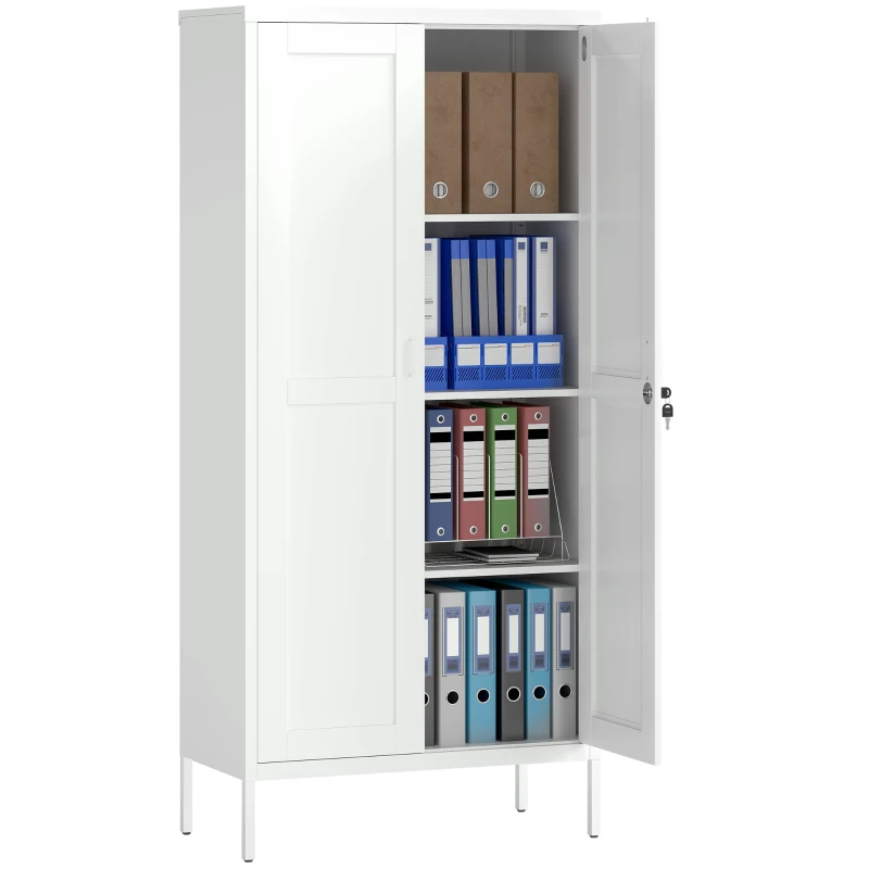HOMCOM Armadio per Ufficio in Acciaio a 3 Ripiani Regolabili con Serratura e 2 Chiavi, 80x40x175 cm, Bianco