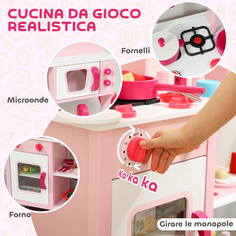AIYAPLAY Cucina Giocattolo per Bambini 3+ Anni con Microonde, Piano Cottura e Lavandino, in Legno, 55x24x86 cm, Rosa
