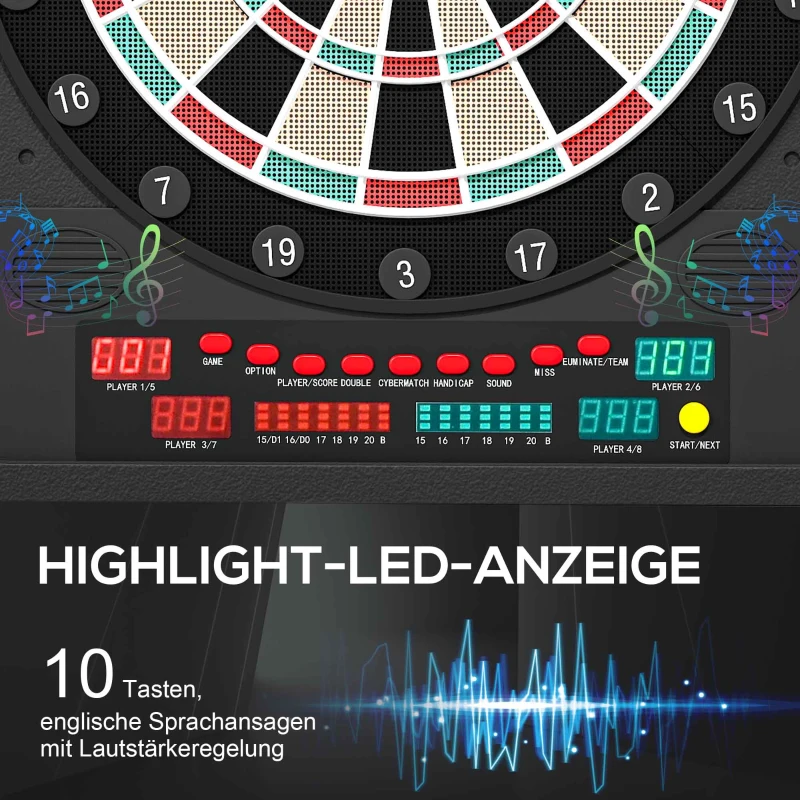 HOMCOM Elektronische Dart-set mit Tür Dartboard Dartscheibe mit automatischer Wertung Soundeffekte 12 Darts 27 Spiele und 202 Trefferoptionen für 8 Spieler 57 x 51 x 6,5 cm