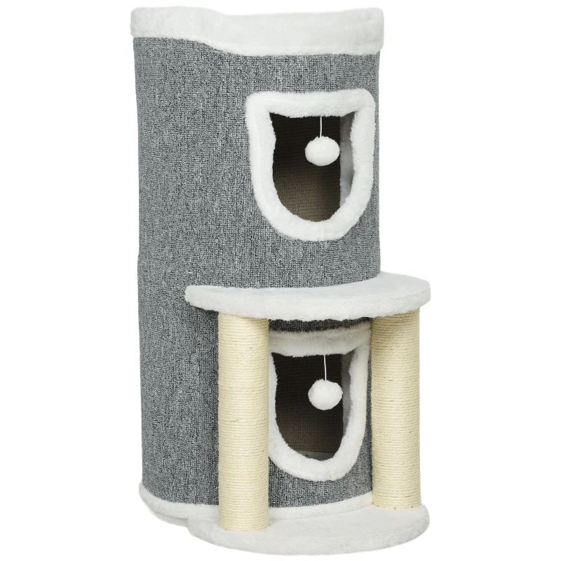 PawHut Árbol Rascador para Gatos Árbol para Gatos 76 cm con Cama 2 Cuevas Postes de Sisal Alfombra Bolas para Jugar Gris