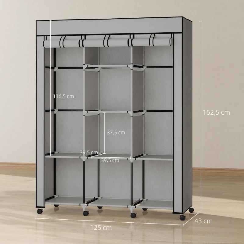 HOMCOM Kast van stof, opbergoplossing, 8 planken, 2 hangstangen, grijs