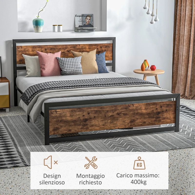 HOMCOM Struttura Letto Matrimoniale in Legno e Acciaio con Doghe in Stile Industriale, 160x200cm