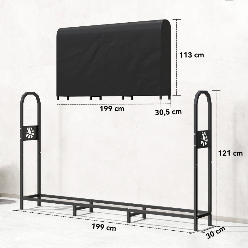 Outsunny Râtelier à bûches en métal 199 x 30 x 121 cm Range-bûches 0,6 m³ avec housse étanche jusqu'à 300 kg