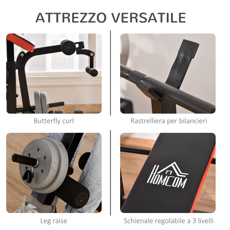 HOMCOM Panca Multifunzione Regolabile con Supporto per Bilanciere, in Acciaio e Plastica, 175x139x127 cm, Rosso e Nero