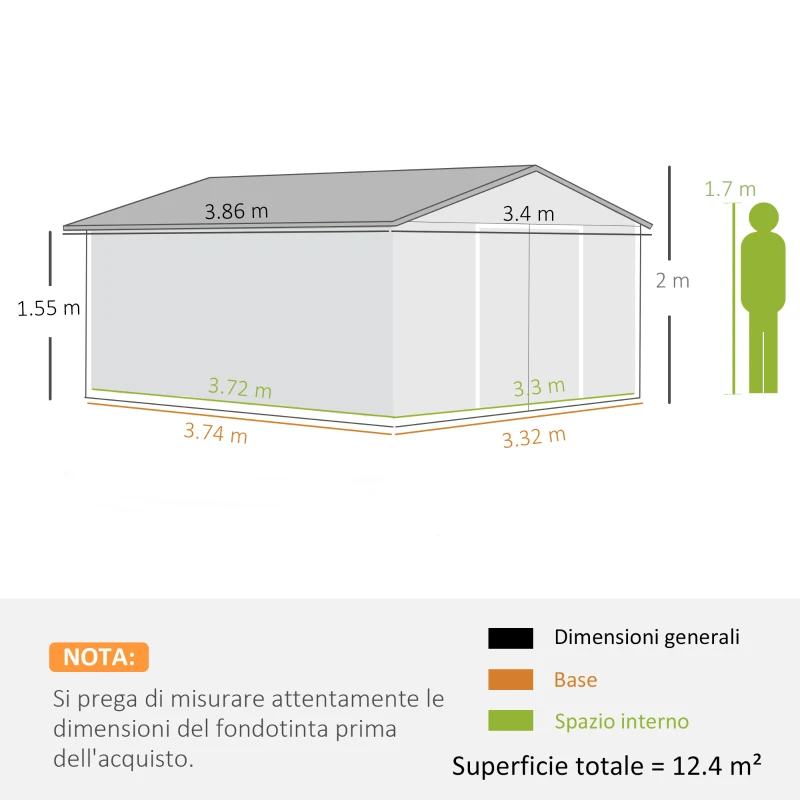 Outsunny Casetta da Giardino con Porte Scorrevoli e Tetto Inclinato, in Acciaio, 340x386x200 cm, Grigio