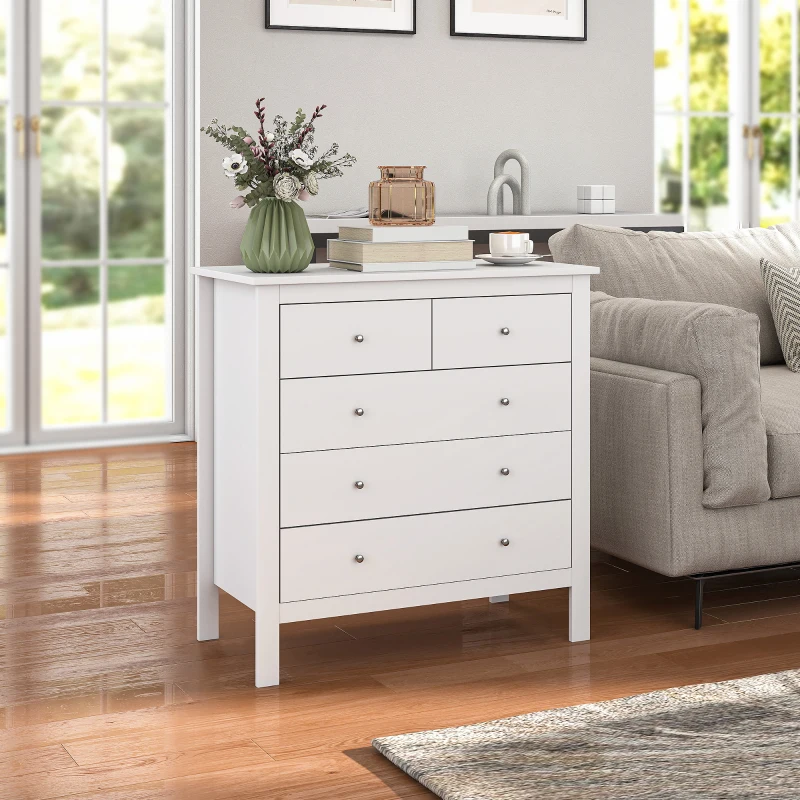 HOMCOM Cómoda com 5 Gavetas com Pés Elevados para Sala e Escritório Estilo Moderno 79x39,5x80,5 cm Branco