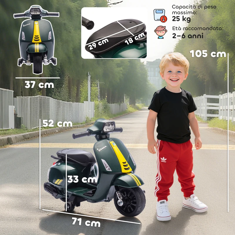AIYAPLAY Moto Elettrica per Bambini con Licenza Vespa, Batteria Ricaricabile 6V, Rotelle e Luci, Età 2-6 Anni, Verde Scuro
