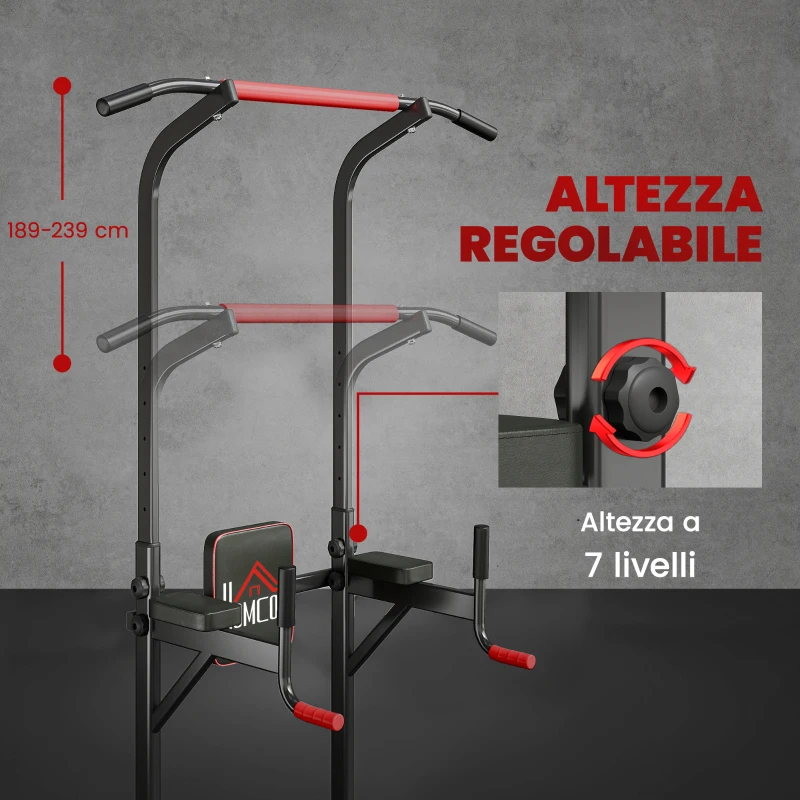 HOMCOM Barra per Trazioni Power Tower Stazione Fitness Multifunzione Regolabile 189-239cm in Acciaio Nero Rosso
