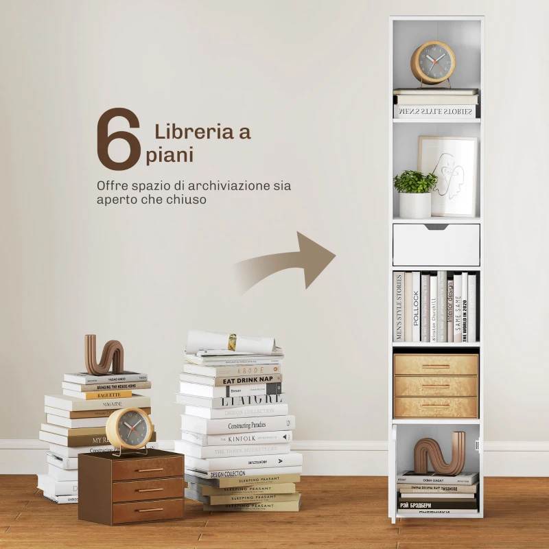 HOMCOM Scaffale Libreria a 4 Ripiani Aperti con Armadietto e Cassetto, 30x24x158 cm, in Legno Bianco