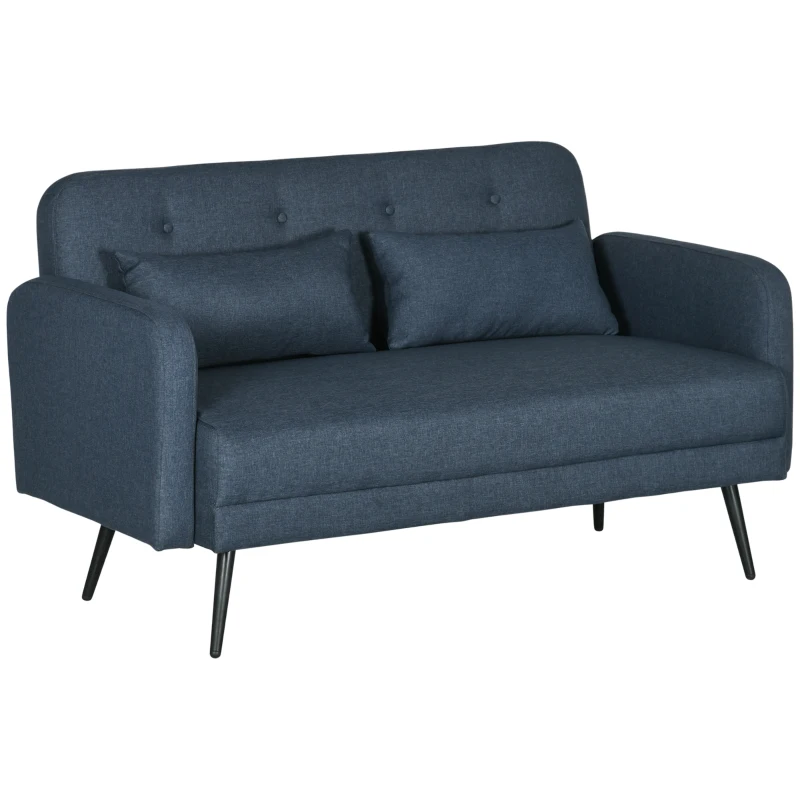HOMCOM Canapea de 135cm pentru Dormitor, Mobilier Modern pentru Canapele cu Plus, Canapea Capitonata cu 2 Locuri cu Perne Decorative, Cadru din Lemn Masiv, Albastru Inchis