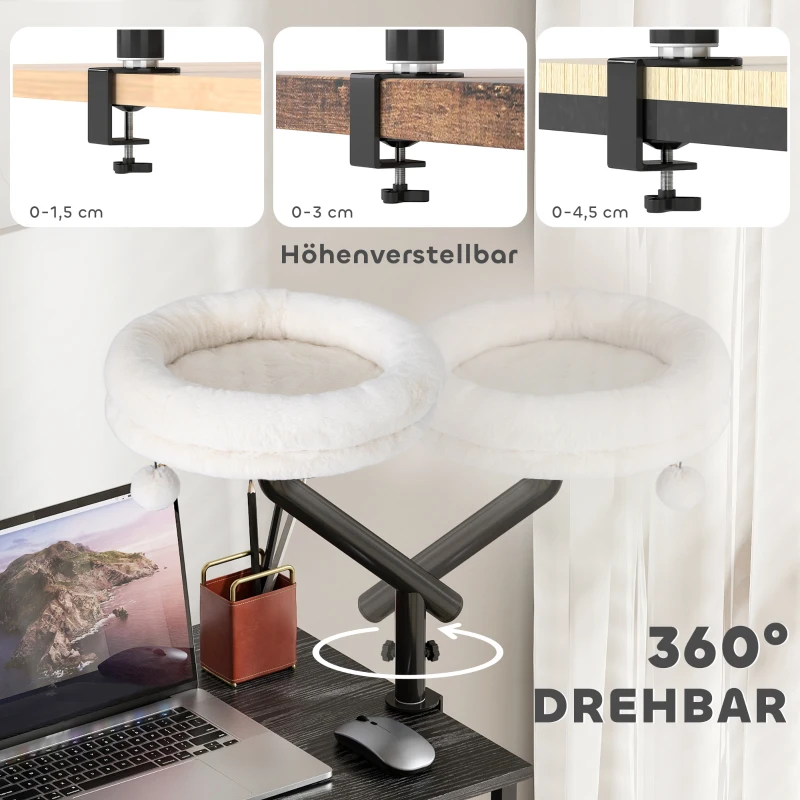 PawHut katten-bureaubed, kattenbed voor op het bureau met 360° draaibaar ontwerp, verstelbare hoogte, ligbed met afneembaar machinewasbaar kussen, voor katten tot 6 kg, thuiskantoor, Crèmewit