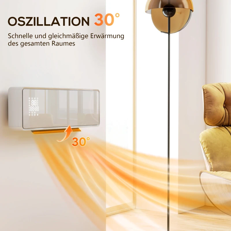 HOMCOM Wandgemonteerde 2000W keramische elektrische verwarmer, ventilator, thermostaat, timer, afstandsbediening, glazen paneel, Wit(m-6)