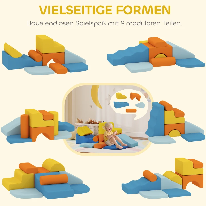 AIYAPLAY 9-delige soft-blokken set, zachte blokken om te bouwen en te spelen, indoor-speelset voor kleuters, schuim, kleurrijk(m-4)