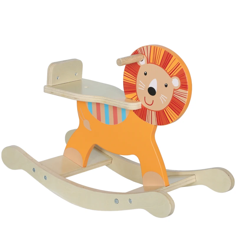 AIYAPLAY Cheval à bascule pour enfants, lion jouet à bascule bébé en bois avec guidon et base stable, 59 x 27 x 43 cm, orange