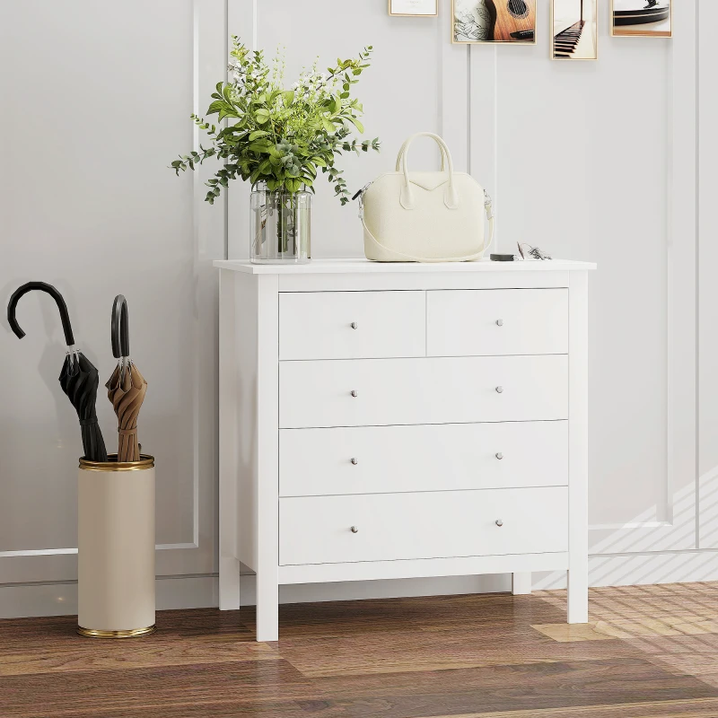 HOMCOM Cómoda com 5 Gavetas com Pés Elevados para Sala e Escritório Estilo Moderno 79x39,5x80,5 cm Branco