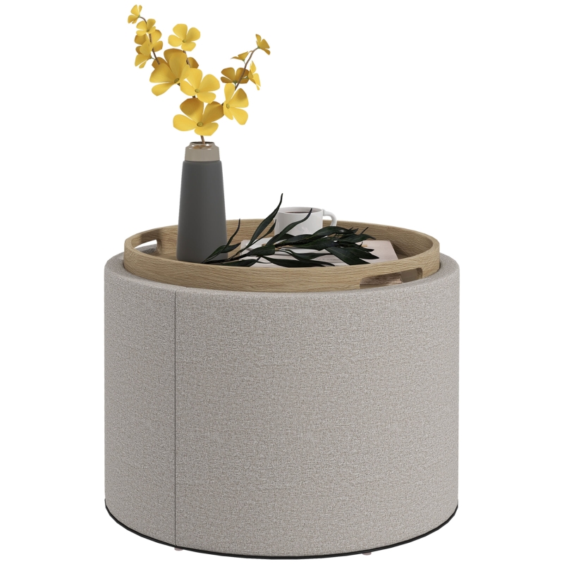 HOMCOM Tabouret Pouf rembourré, Lin, rangement dissimulé, couvercle réversible, 56cm x 56 cm x 42 cm, Gris clair + Naturel