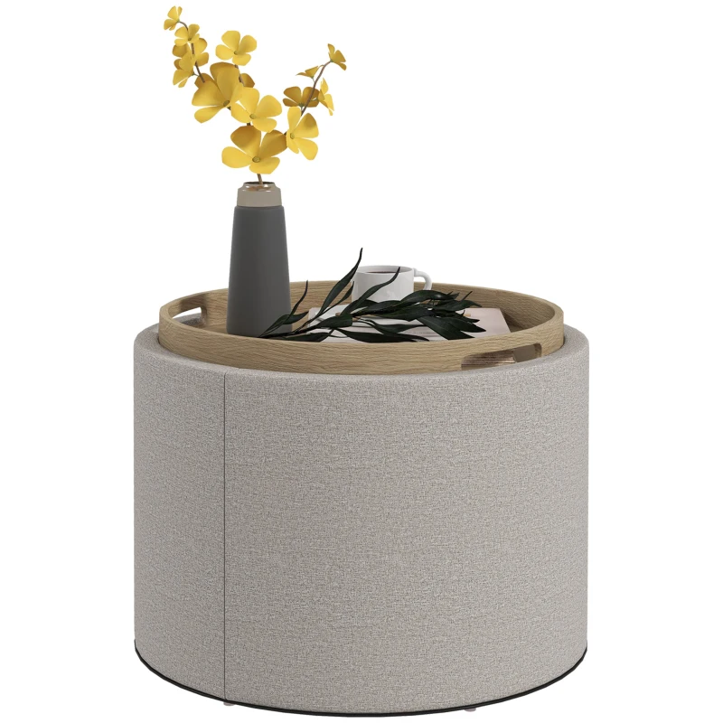 HOMCOM Tabouret Pouf rembourré, Lin, rangement dissimulé, couvercle réversible, 56cm x 56 cm x 42 cm, Gris clair + Naturel