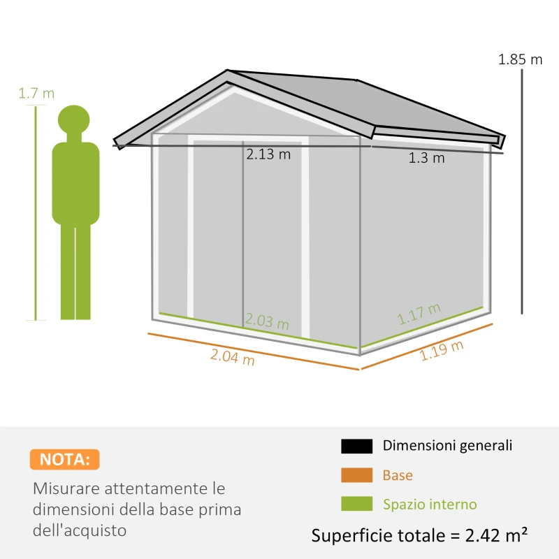 Outsunny Casetta da Giardino in Metallo con Prese d'Aria e Doppia Porta Scorrevole, 2.1x1.3m, Marrone Chiaro