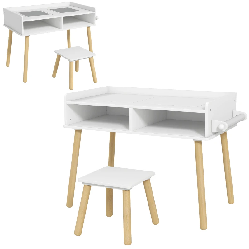 HOMCOM Set de Masă și Scaun pentru Copii, Masă de Activități pentru Copii Mici 3 în 1 cu Tablă de Construcție, 87x45x59.5 cm, Alb(m-1)