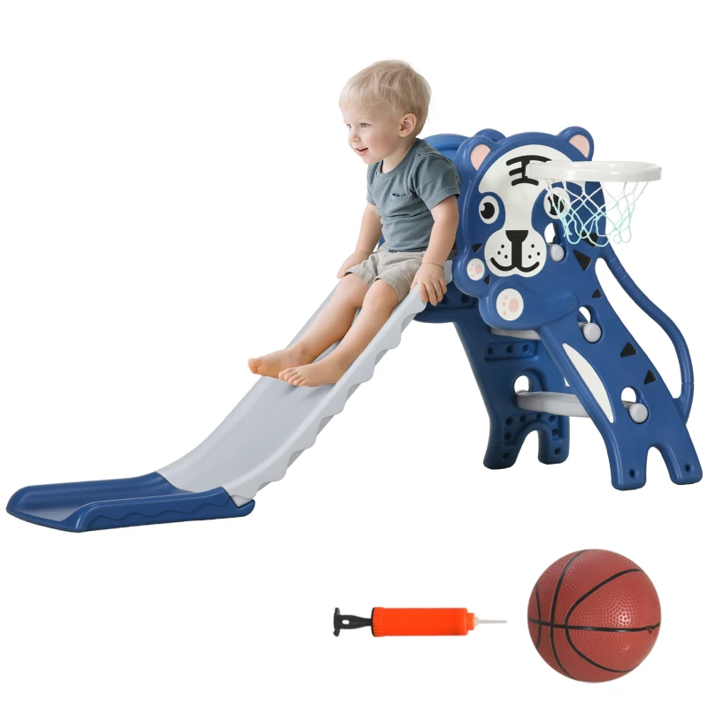 AIYAPLAY Tobogán para Niños de 18 a 36 Meses con 2 Escaleras 1 Canasta de Baloncesto y Patrón de Tigre 133x60x70 cm Azul y Gris