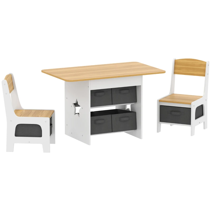 AIYAPLAY Mesa Infantil com 2 Cadeiras Mesa e Cadeiras para Crianças com 6 Gavetas de Tecido Desenho Estrelas Madeira e Branco