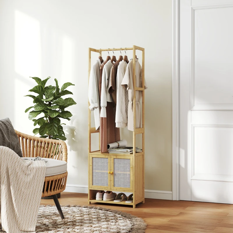 HOMCOM Porte-manteau en bambou avec armoire range-chaussures barre de suspension étagère réglable pour entrée couloir 53x31x168 cm naturel