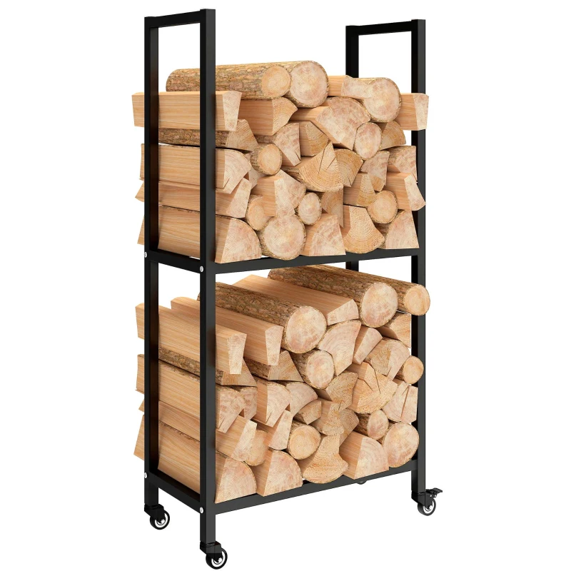 Outsunny Indoor firewood rack Steel 60 x 30 x 119cm 2-tier firewood rack with wheels Black