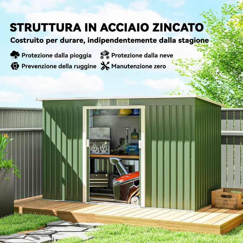 Outsunny Casetta da Giardino Porta Utensili in Lamiera di Acciaio con Fondazione, Capanno da Giardino in Acciaio con Porte Scorrevoli, 280x130x172cm, Verde Chiaro
