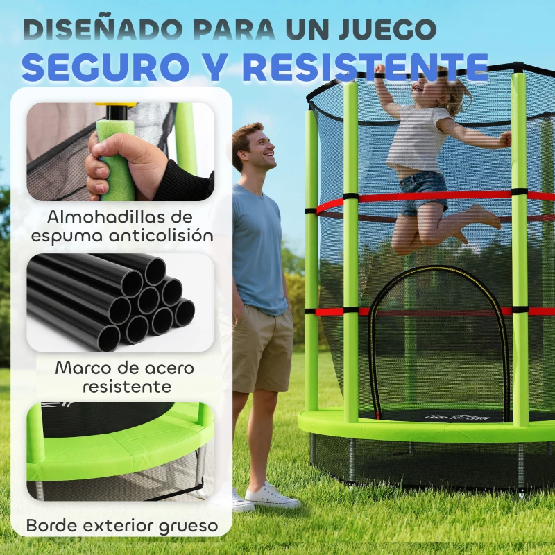 HOMCOM Cama Elástica Infantil Trampolín para Niños de 3-6 Años con Red de Seguridad Carga 45 kg Ø140x190 cm Verde