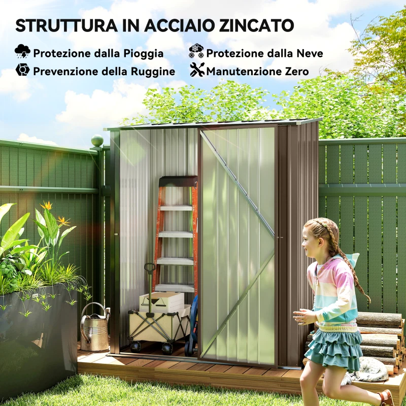 Outsunny Casetta da Giardino in Acciaio Porta Attrezzi con Catenaccio, 161.5x94.5x196cm, Marrone