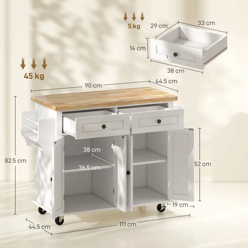 HOMCOM Carrello da Cucina con 2 Cassetti e 2 Armadietti, Isola da Cucina con Piano in Legno, Portaspezie e Porta Canovacci, Bianco