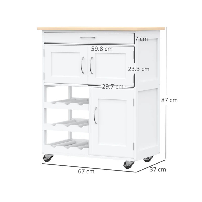HOMCOM Carrello Cucina con Portabottiglie, 3 Ante, 4 Ruote e Cassetto, Mobiletto Cucina Salvaspazio per Microonde e Spezie in Legno, 67x37x87 cm, Bianco e Rovere