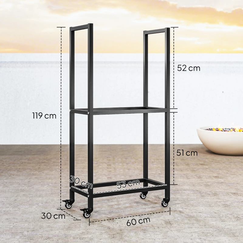 Outsunny Leñero para Exterior e Interior de Dos Niveles con Ruedas en Acero Reforzado, 60x30x119 cm, Negro