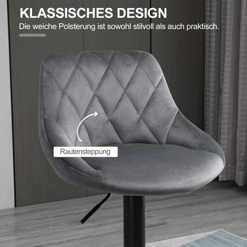 HOMCOM Set van 2 barkrukken, in hoogte verstelbare barkruk met leuning, fluweellook, metalen frame, voetensteun, draaibaar, donkergrijs