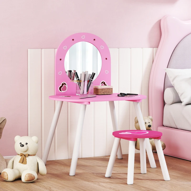 AIYAPLAY Children's Vanity with Stool and Mirror Vanity for Girls with Heart Designs for Boys and Girls 3-6 Years Pink